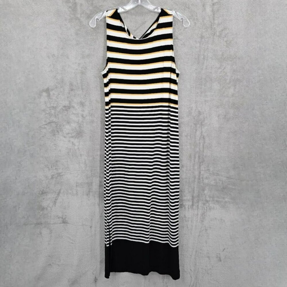 Loft Tank Maxi Dress M Black White Gold Striped Twist Back Slit Hem Shift Casual